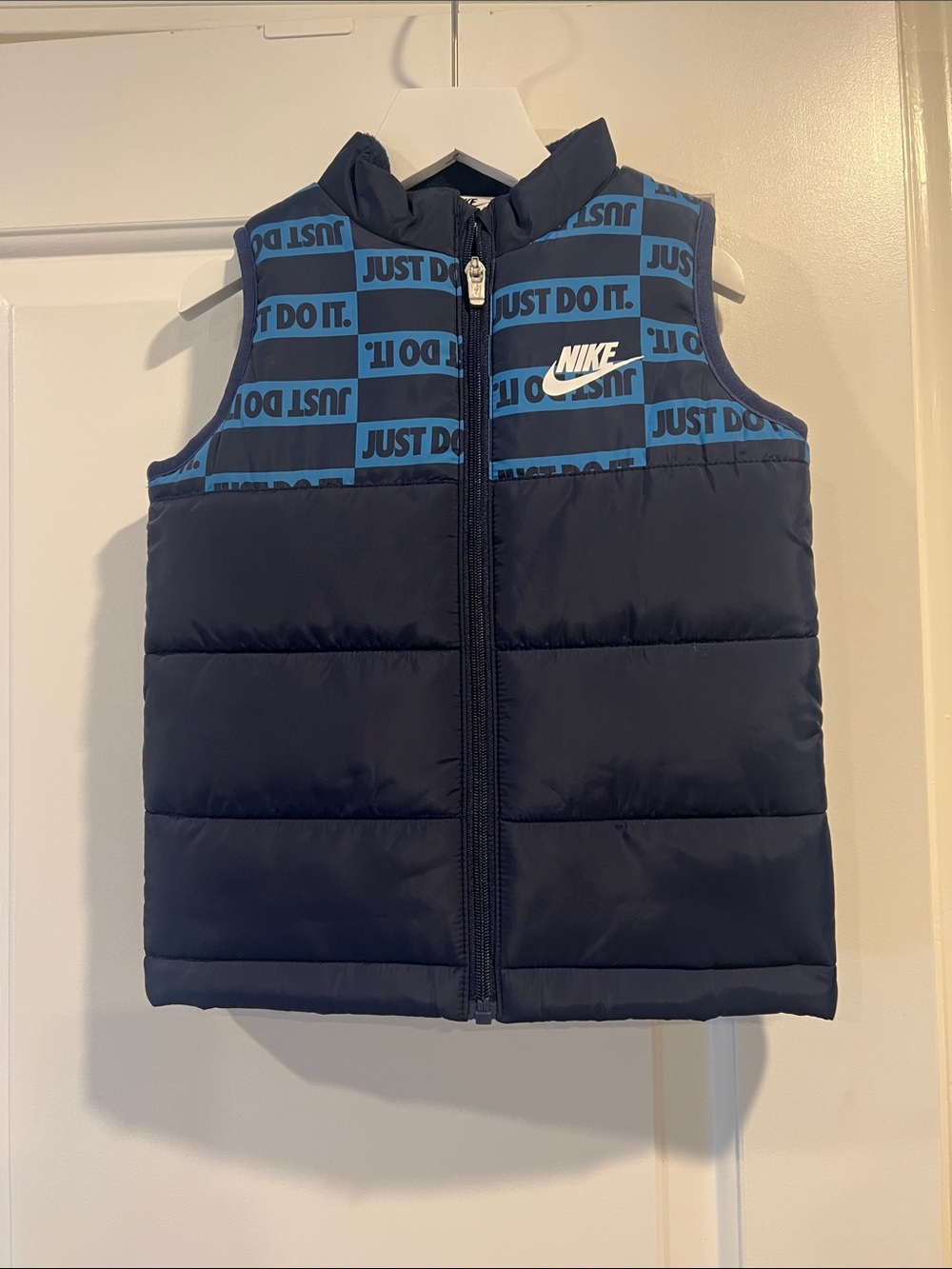 Nike Boys' Navy & Light Blue Puffer Vest with 'Just Do It' Print